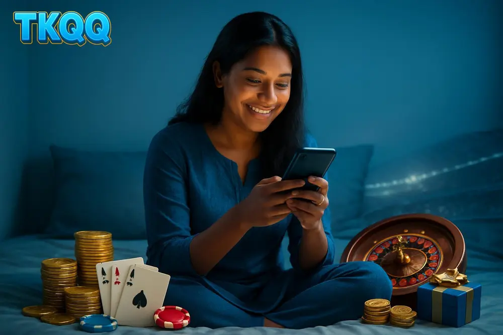 TKQQ app — a young Bangladeshi woman sitting cross-legged on her bed happily using a mobile app with a soft glow on
