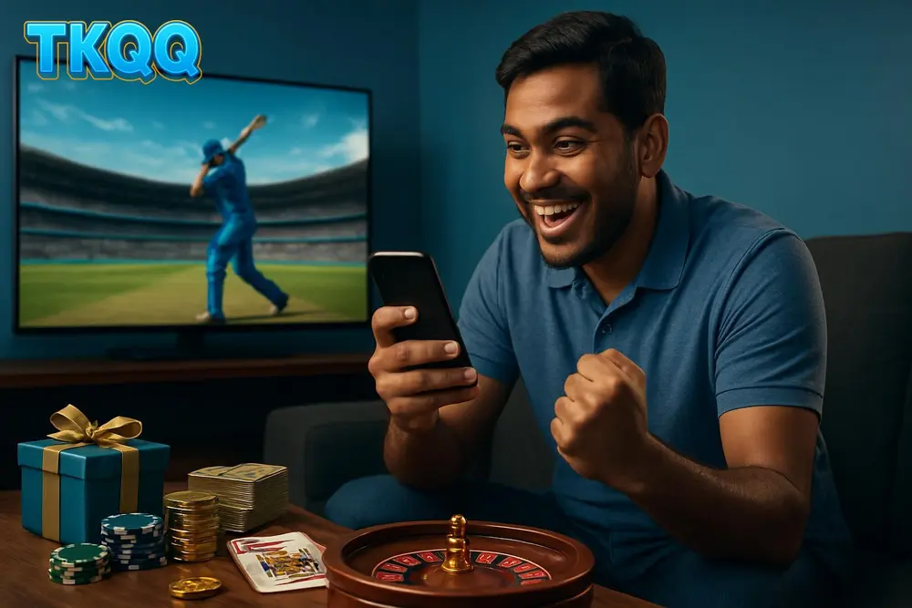 TKQQ betting โ a Bangladeshi man sitting excitedly on his couch watching a cricket match on television with his TKQQ betting โ a Bangladeshi man sitting excitedly on his couch watching a cricket match on television with his