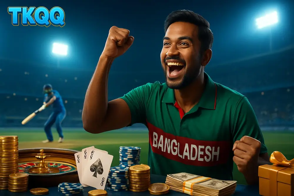 TKQQ betting โ a cheering Bangladeshi fan in a packed cricket stadium as a batsman hits a six under bright floodlights TKQQ betting โ a cheering Bangladeshi fan in a packed cricket stadium as a batsman hits a six under bright floodlights