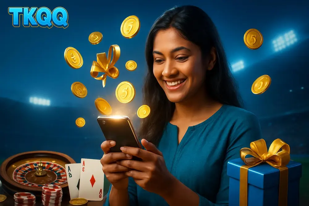 TKQQ bonus โ a smiling Bangladeshi woman holding a glowing smartphone with sparkling coins and gift ribbons floating TKQQ bonus โ a smiling Bangladeshi woman holding a glowing smartphone with sparkling coins and gift ribbons floating