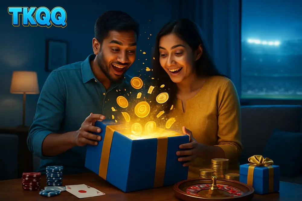 TKQQ bonus โ an excited Bangladeshi couple opening a giant glowing gift box bursting with golden coins and confetti TKQQ bonus โ an excited Bangladeshi couple opening a giant glowing gift box bursting with golden coins and confetti