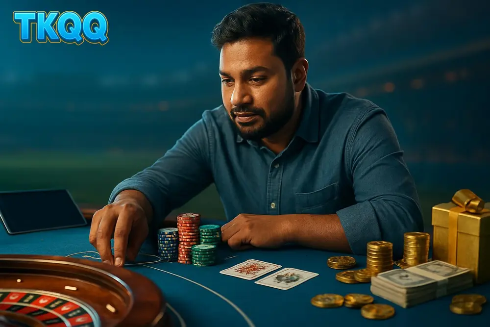 TKQQ casino โ a Bangladeshi man leaning over a blackjack table stacked with colorful chips as a roulette wheel spins TKQQ casino โ a Bangladeshi man leaning over a blackjack table stacked with colorful chips as a roulette wheel spins