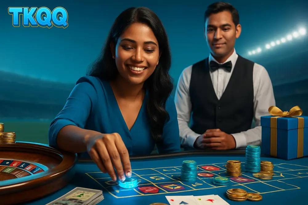 TKQQ casino โ a young Bangladeshi woman smiling as she places glowing casino chips at a roulette table with a dealer TKQQ casino โ a young Bangladeshi woman smiling as she places glowing casino chips at a roulette table with a dealer