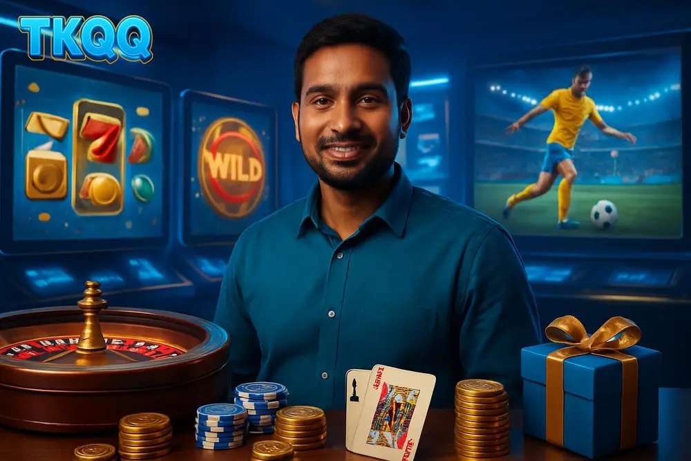 TKQQ games โ a Bangladeshi man standing in a game arcade-style room surrounded by glowing screens and vibrant game icons TKQQ games โ a Bangladeshi man standing in a game arcade-style room surrounded by glowing screens and vibrant game icons