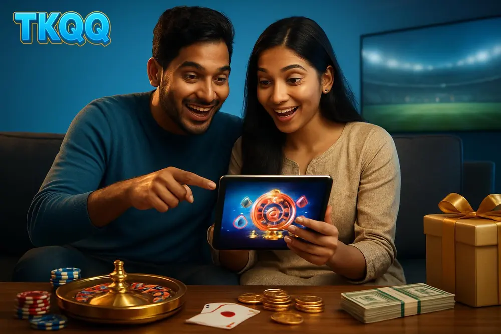 TKQQ games โ a young Bangladeshi couple sitting together on a couch pointing excitedly at a glowing tablet TKQQ games โ a young Bangladeshi couple sitting together on a couch pointing excitedly at a glowing tablet