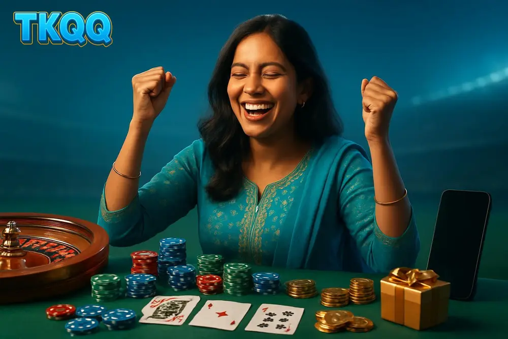 TKQQ Bangladesh — a Bangladeshi woman celebrating a win at a lively table filled with colorful casino chips and cards
