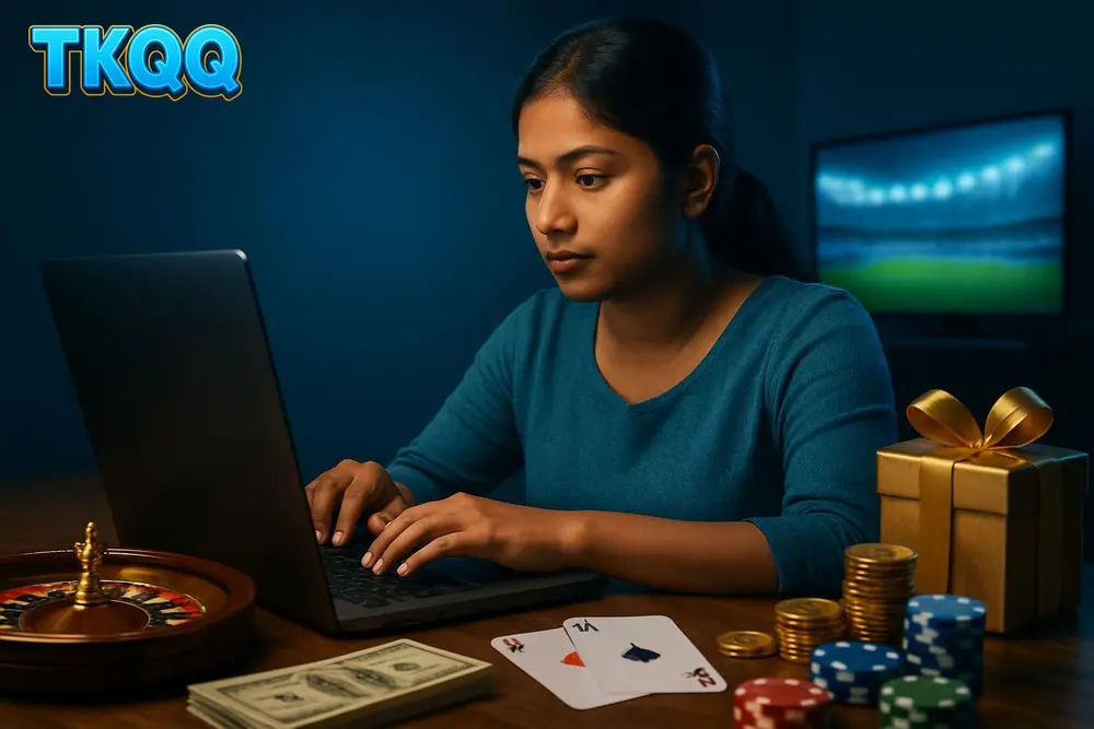 TKQQ login โ a young Bangladeshi woman typing on a laptop at a home desk with a soft blue glow reflecting on her face TKQQ login โ a young Bangladeshi woman typing on a laptop at a home desk with a soft blue glow reflecting on her face