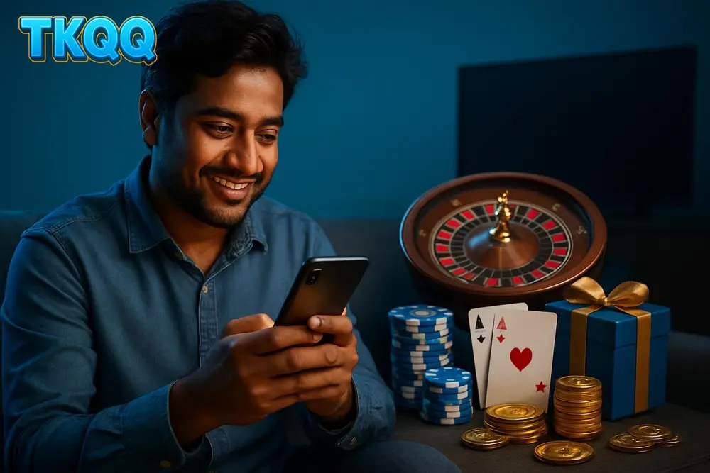 TKQQ login โ a Bangladeshi man sitting on his sofa unlocking his smartphone screen with a warm glowing light around it TKQQ login โ a Bangladeshi man sitting on his sofa unlocking his smartphone screen with a warm glowing light around it