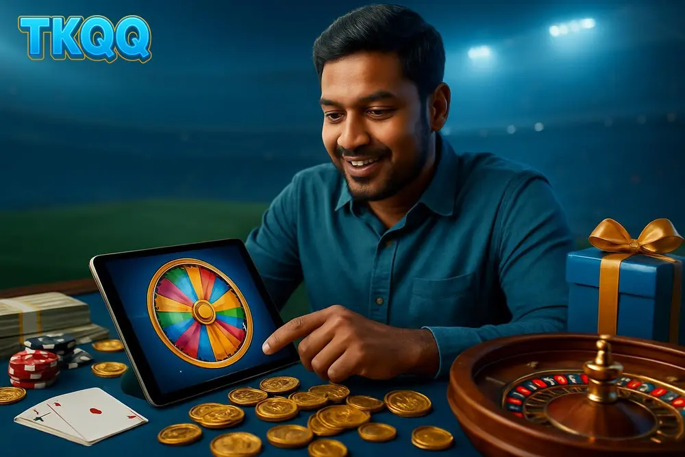 TKQQ slots โ a Bangladeshi man sitting at a table with a tablet showing vibrant spinning wheel graphics and golden TKQQ slots โ a Bangladeshi man sitting at a table with a tablet showing vibrant spinning wheel graphics and golden